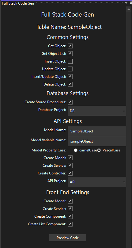 FullStackCodeGen - tool menu