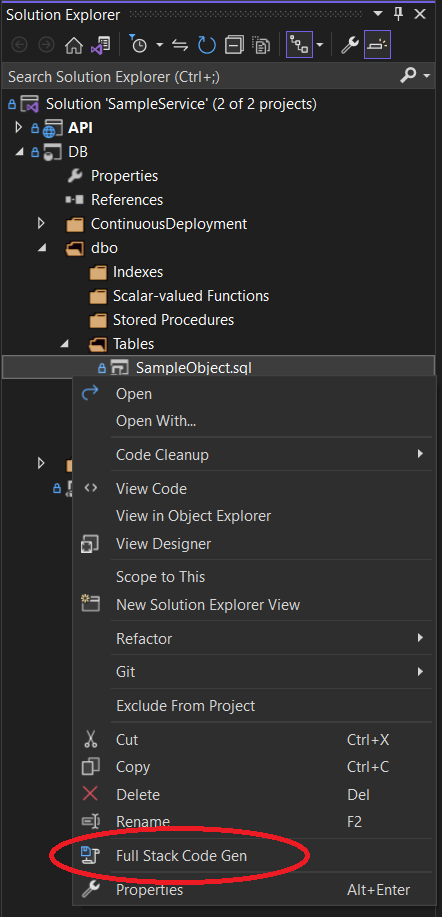 FullStackCodeGen - Context menu